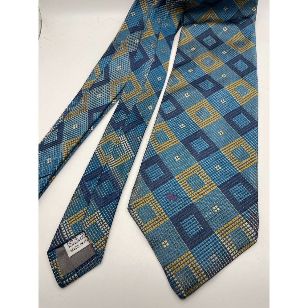 Valentino Cravatte Blue Gold Geometric Diamond Silk Tie Made in Italy Mens